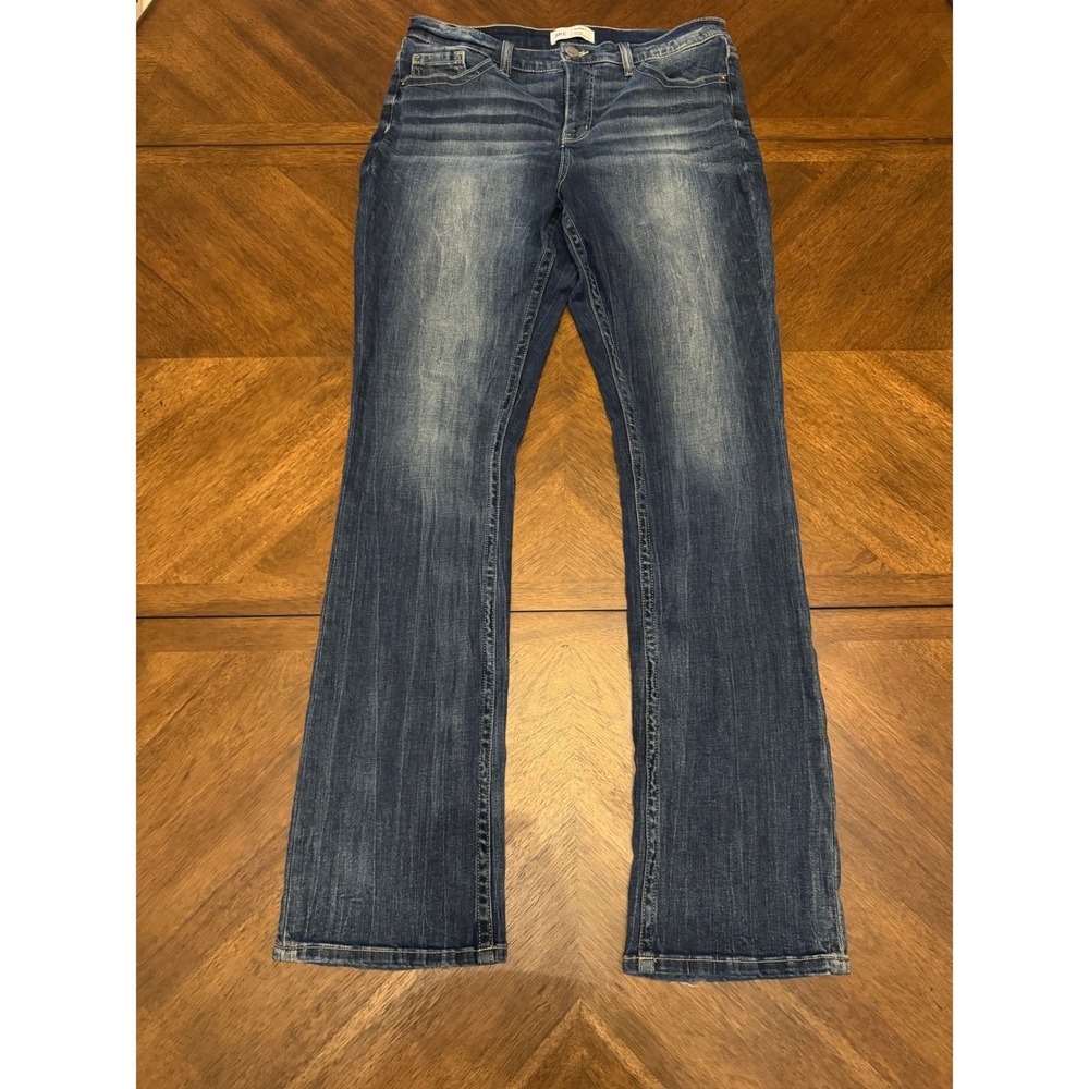 BKE Gabby Curvy Fit High Rise Tailored Bootcut Jeans Dark Wash Distressed 33x32